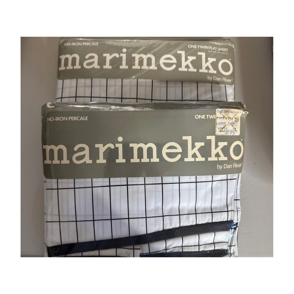 Vintage 1982 Marimekko Dan River Architecture Twin Flat Sheet Grid Black White-2